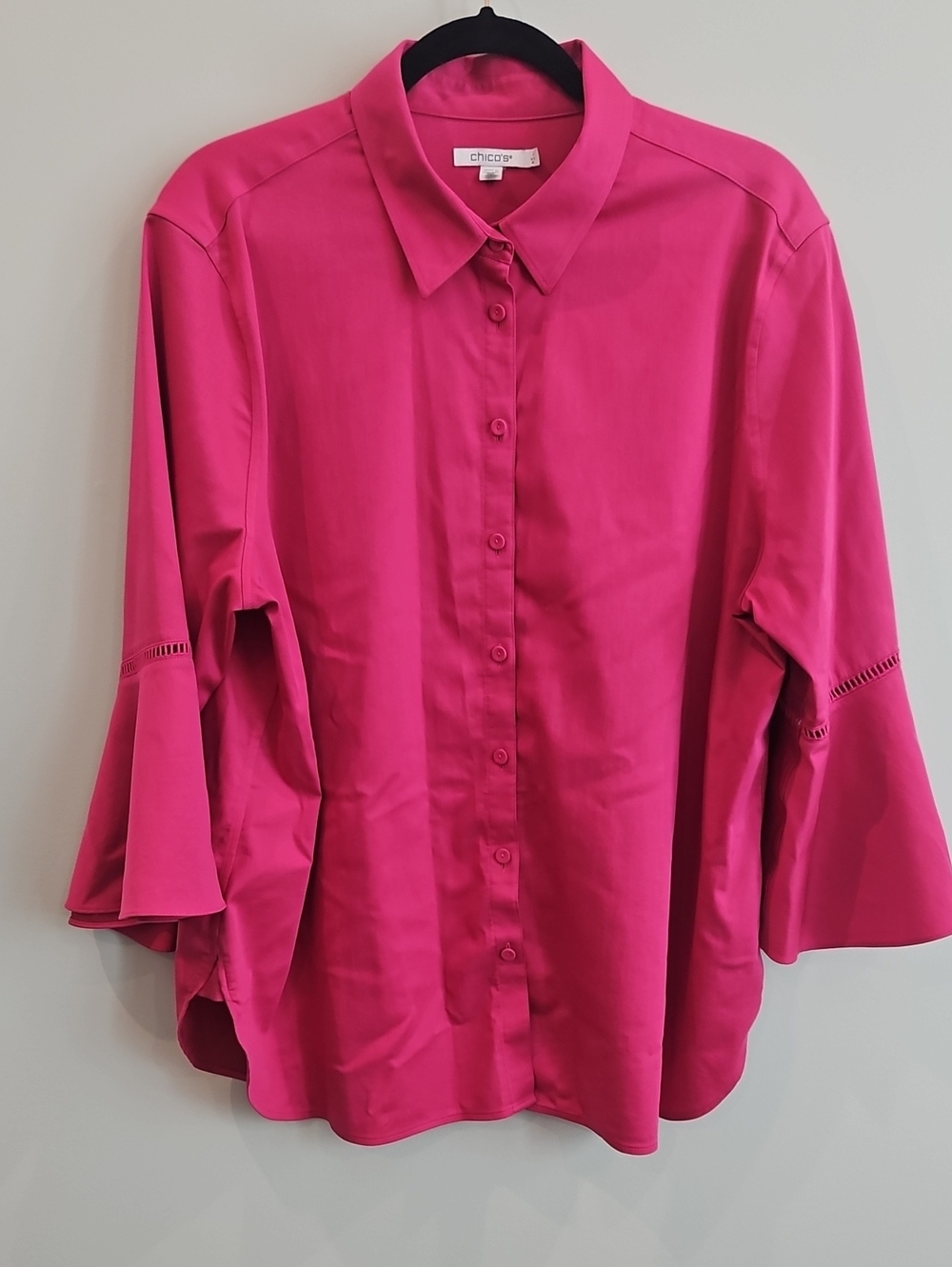 Chico's Fuchsia Pink Bell Sleeve Button Up Blouse Size 3 Fits US 16-18 Magenta